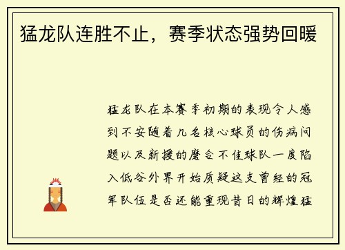 猛龙队连胜不止，赛季状态强势回暖
